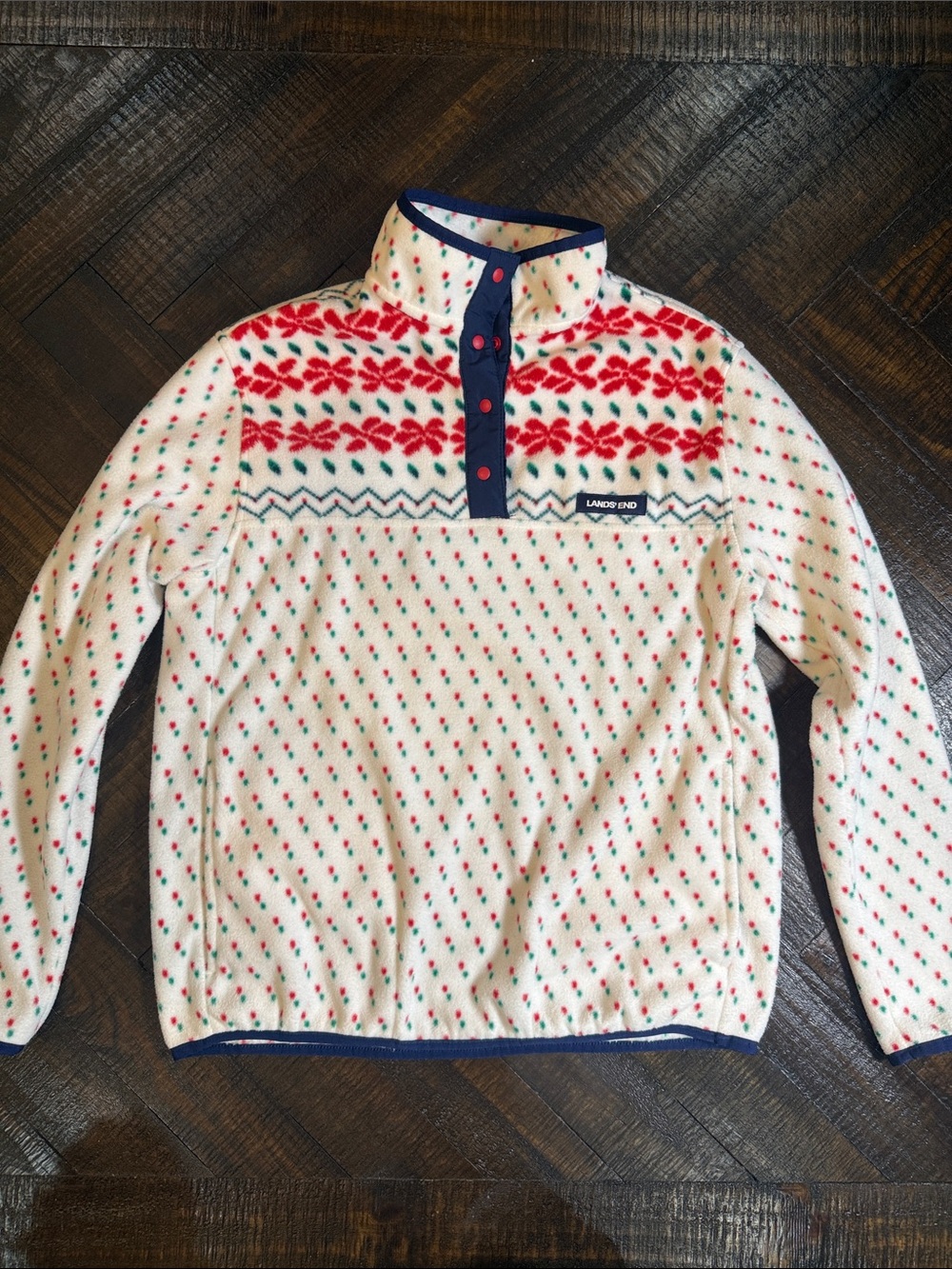 Lands’ End XS Petite Fair Isle Fleece Snap Pullover Cream Red Green